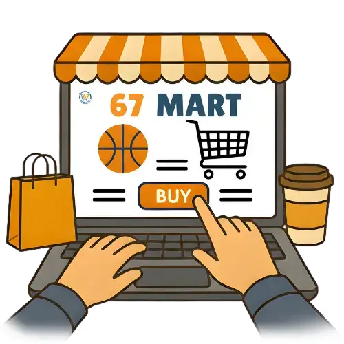 67Mart online shopping platform displayed on a laptop with buy button, shopping cart icon, sports product and retail store interface.