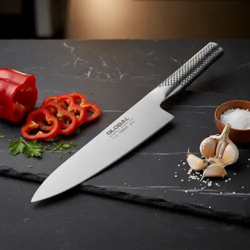 Stainless steel vacuum insulated tumbler with handle placed on wooden table inside modern coffee shop