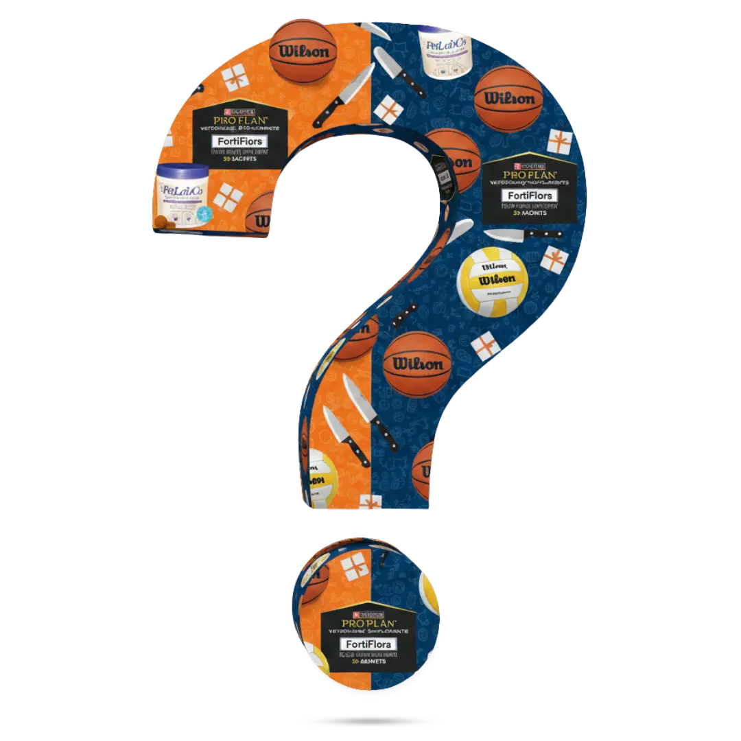 Question mark concept image made from sports balls and water bottles representing product variety and brand purpose