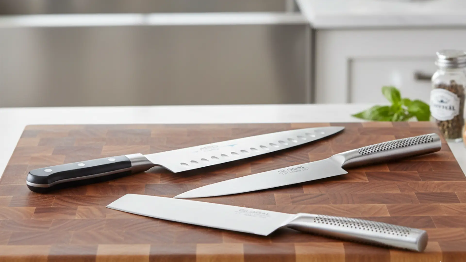 Professional stainless steel kitchen knife cutting fresh vegetables on wooden chopping board in modern kitchen