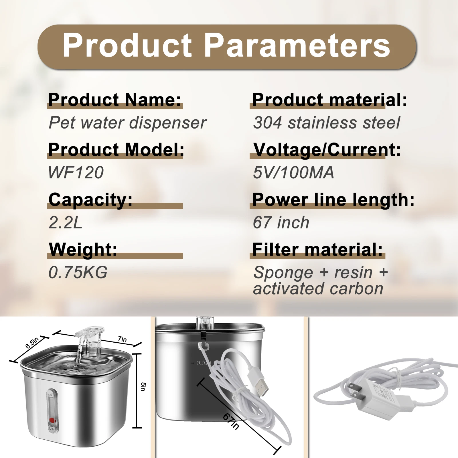 Cat Water Fountain Stainless Steel 74oz/2.2L Automatic Pet Dog Water Fountain - Image 10